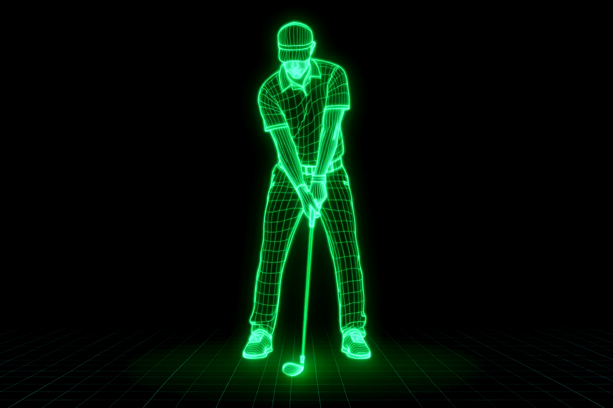 Tron-style wireframe golfer in address position showing endorsement placement zones