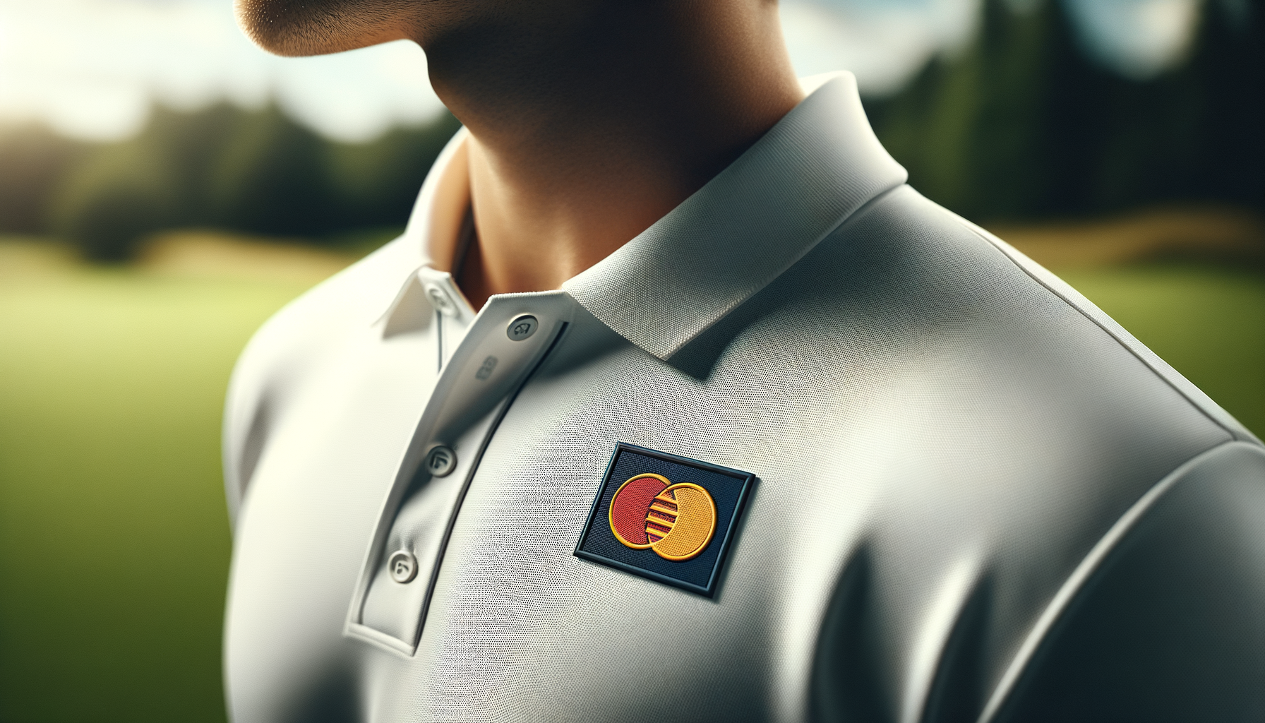 Close-up of a golf polo collar showing a sponsor logo patch — the collar position has become one of golf's most valuable placements