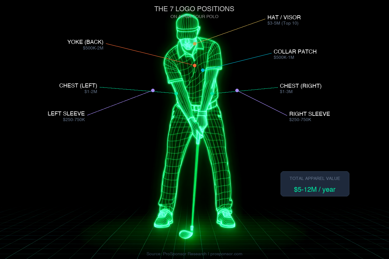 The 11 logo positions on a PGA Tour player's upper body — wireframe golfer diagram with callout lines showing hat, collar, chest, sleeves, and yoke placements with estimated values