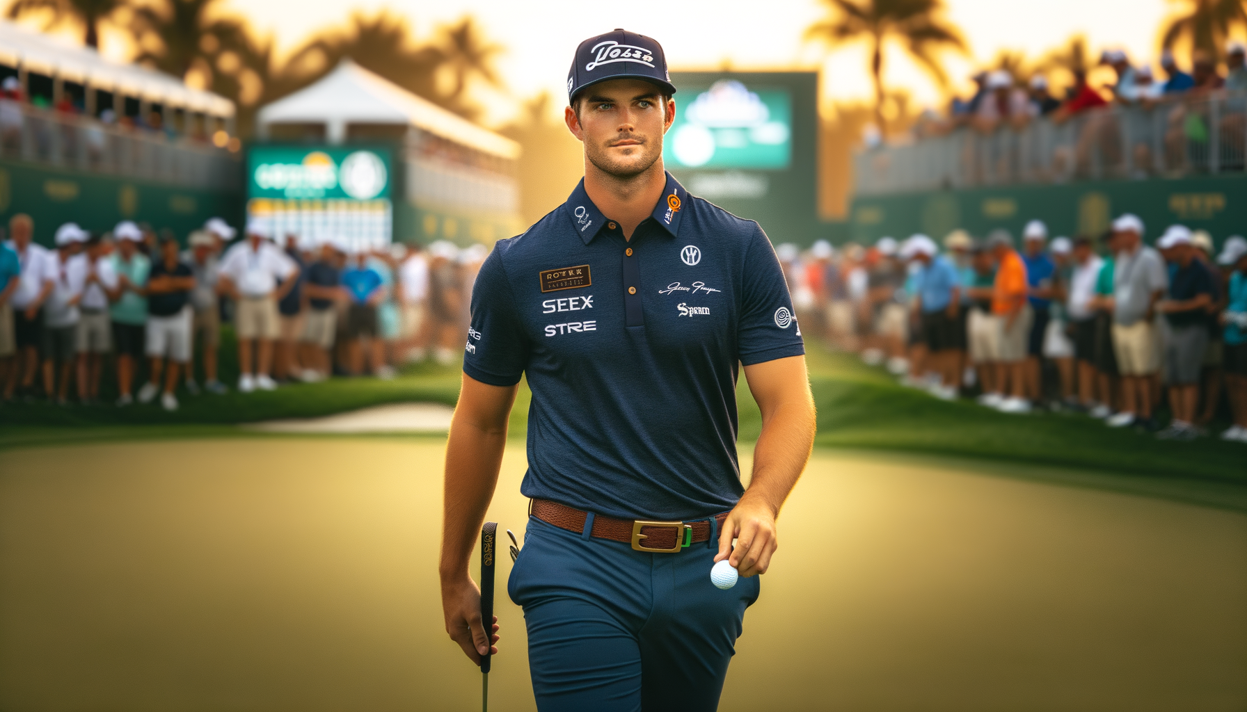 A fully sponsored PGA Tour golfer walking the fairway — hat, chest, collar, and sleeve logos all occupied, representing the endorsement ecosystem in action