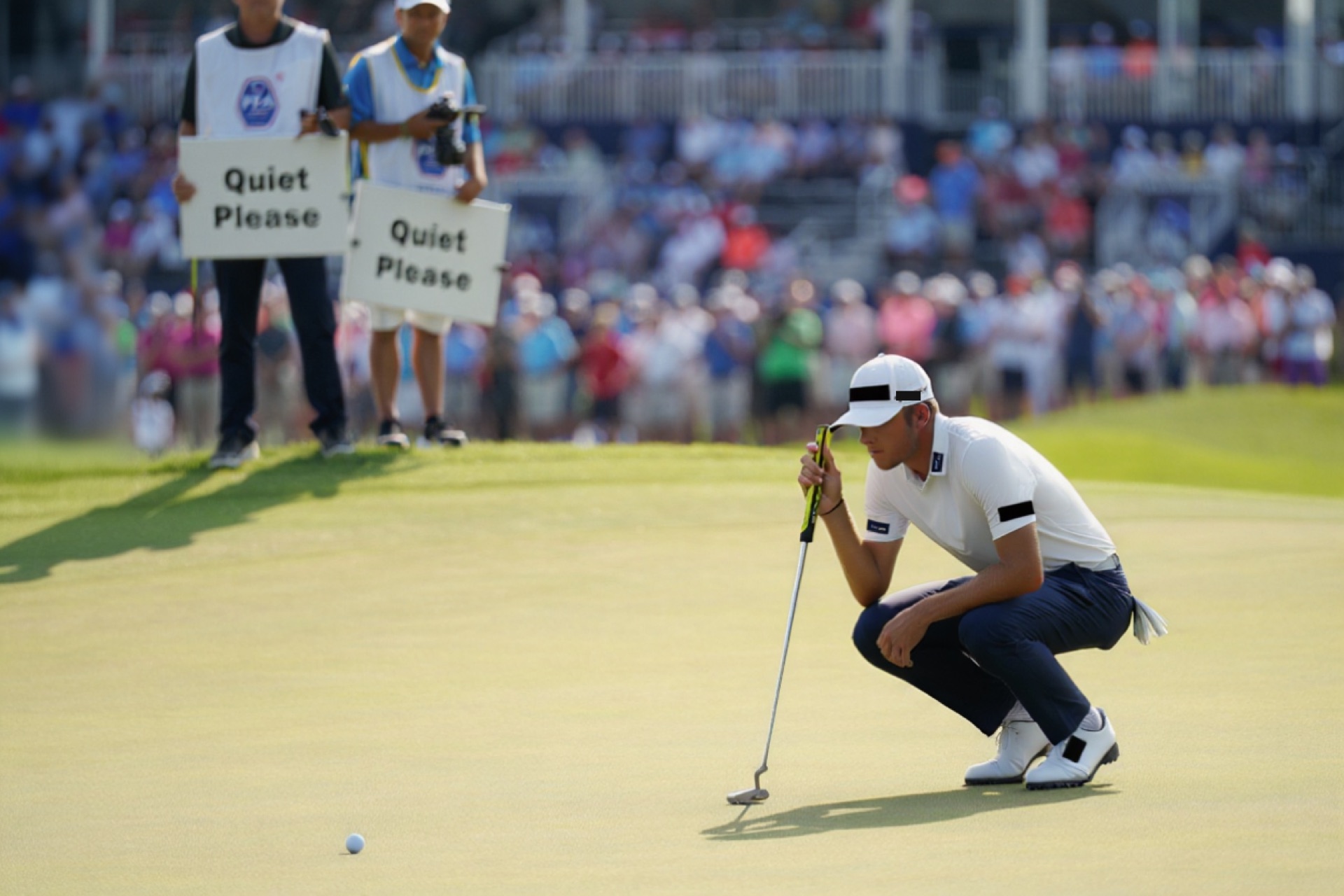 Professional golfer reading a putt at a PGA Tour tournament with spectator gallery and sponsorship signage